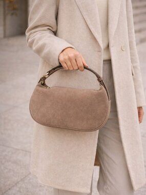 Taupe Suede Leather Crossbody Bag, Adjustable Strap, Minimalist Handbag